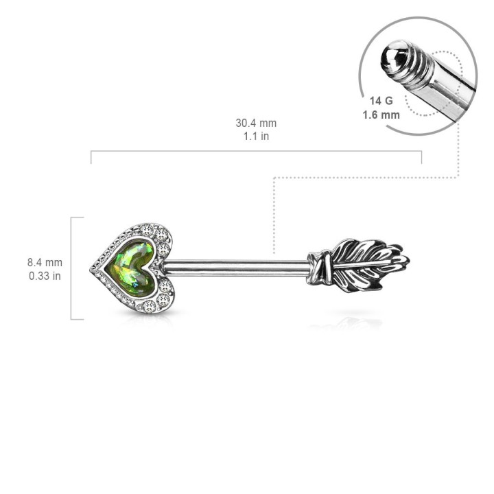 Piercing téton flèche coeur opale vert