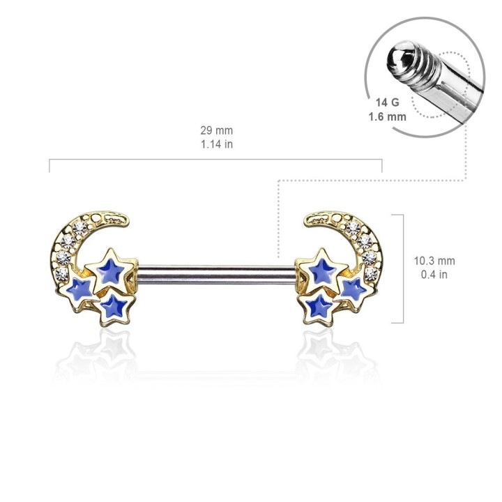 Piercing téton acier doré croissant de lune étoile