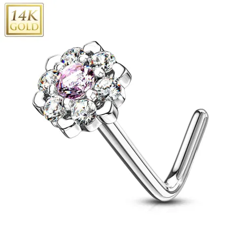 Piercing nez Or blanc 14 carats fleur sept gemmes blanc et rose