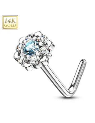 Piercing nez Or blanc 14 carats fleur sept gemmes blanc et turquoise