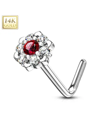 Piercing nez Or blanc 14 carats fleur sept gemmes blanc et rouge