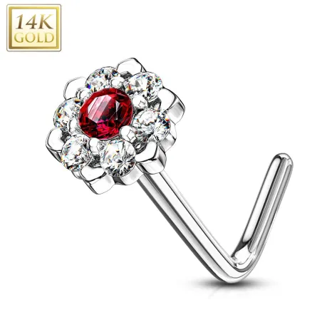 Piercing nez Or blanc 14 carats fleur sept gemmes blanc et rouge