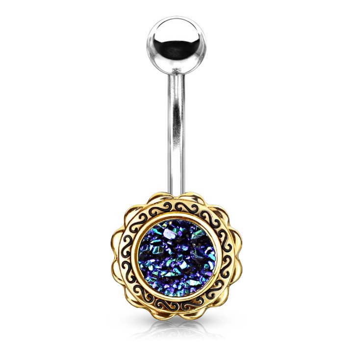 Piercing nombril fleur dorée druse noire