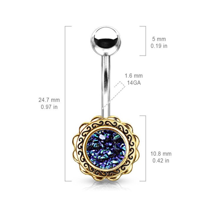 Piercing nombril fleur dorée druse noire
