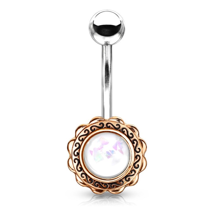 Piercing nombril fleur rosée opaline blanche