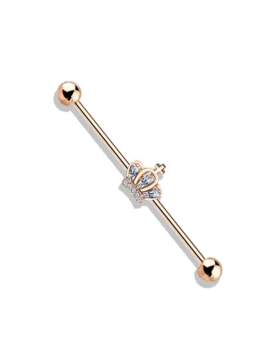 Piercing industriel oreille plaqué or rose couronne pavée