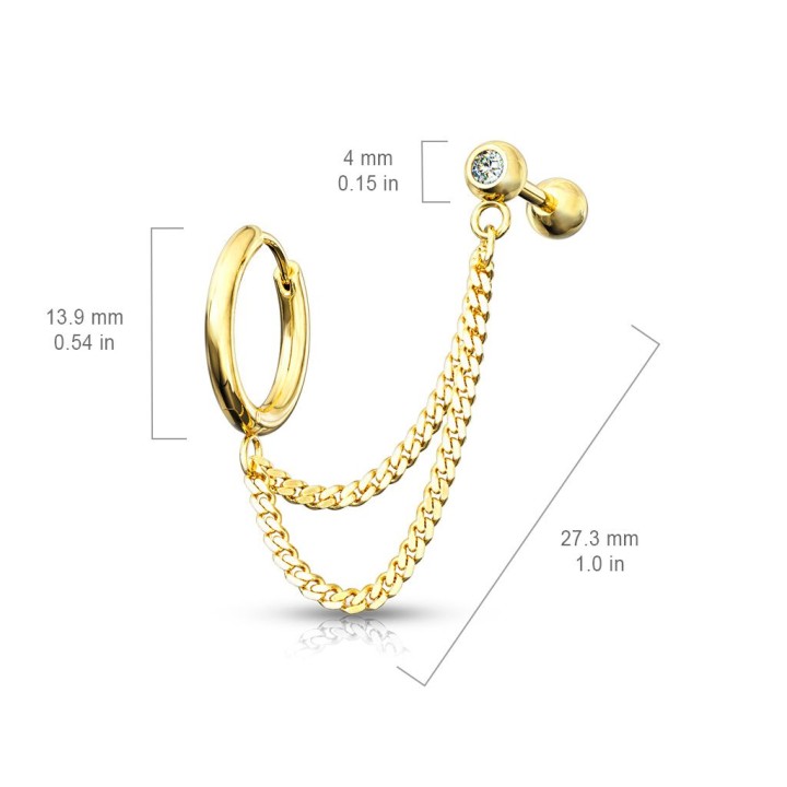 Double piercing cartilage oreille chaines anneau barbell doré