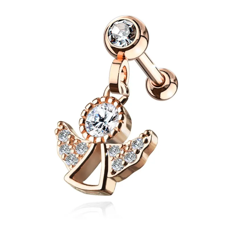 Piercing cartilage oreille plaqué or rose pendentif ange