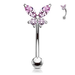 Piercing arcade acier papillon strass rose