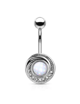 Piercing nombril tourbillon tribal pierre lumineuse blanche