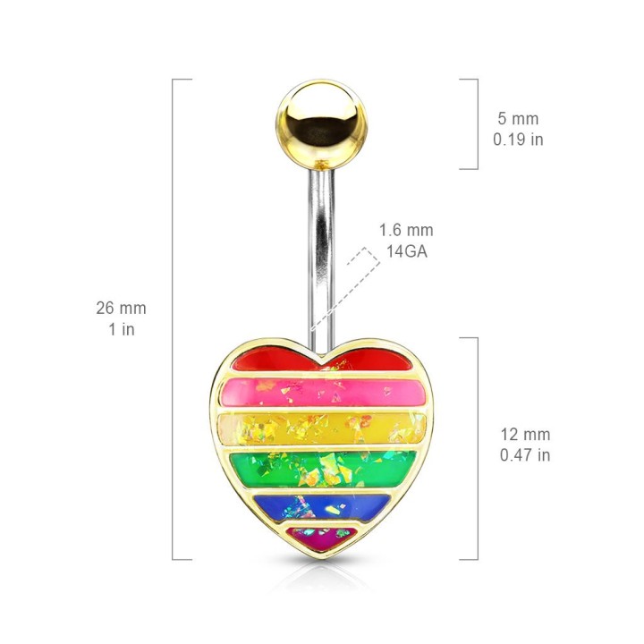 Piercing nombril coeur doré opale arc-en-ciel