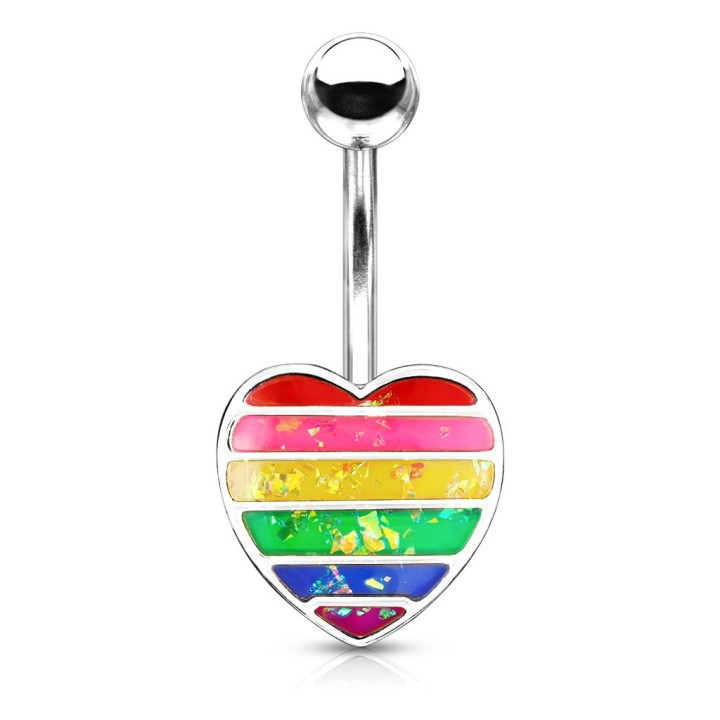 Piercing nombril coeur argenté opale arc-en-ciel