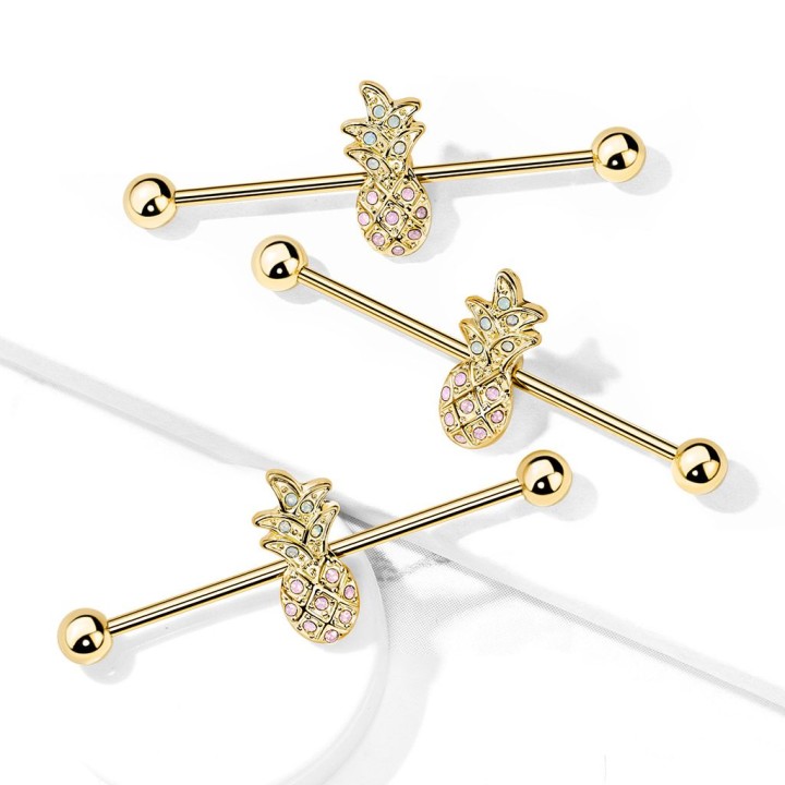 Piercing industriel oreille ananas doré opalines