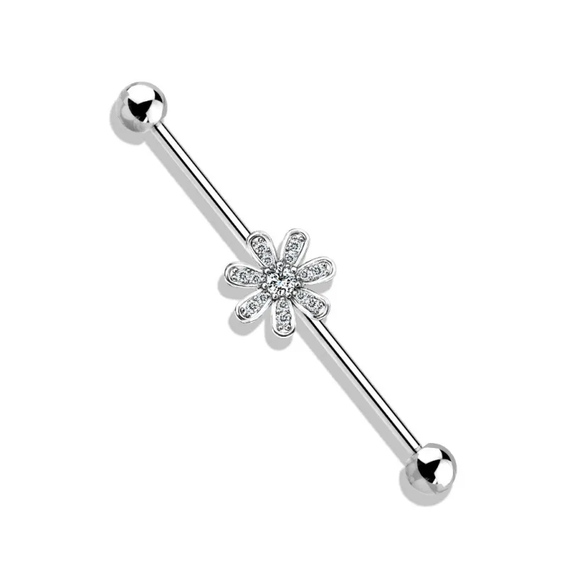 Piercing industriel oreille fleur 7 pétales pavée de strass Piercing industriel oreille fleur 7 pétales pavée de strass