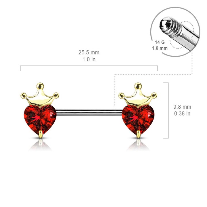 Piercing téton plaqué or gemme coeur couronne