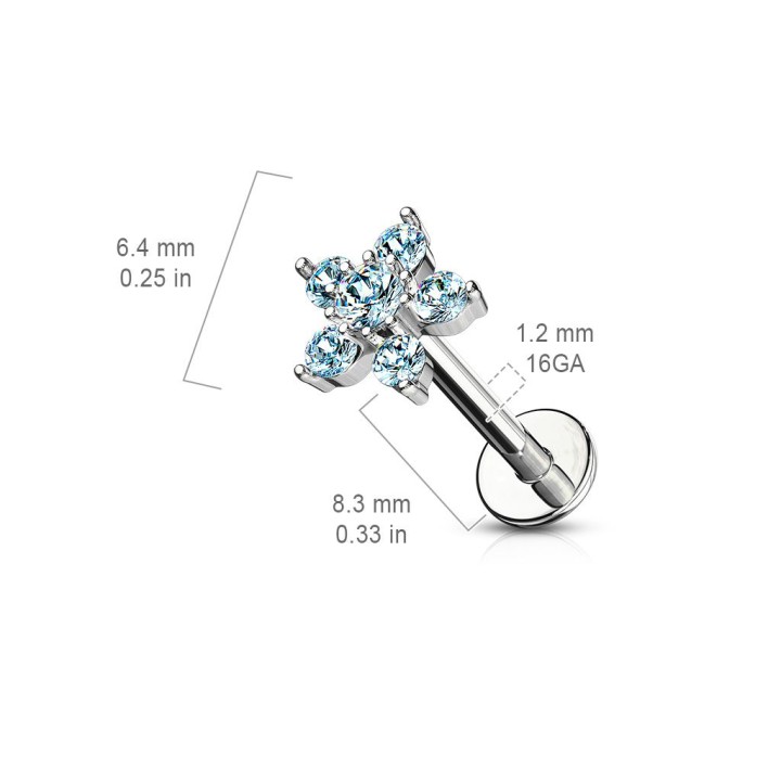 Piercing labret oreille fleur pavée de 6 strass turquoise