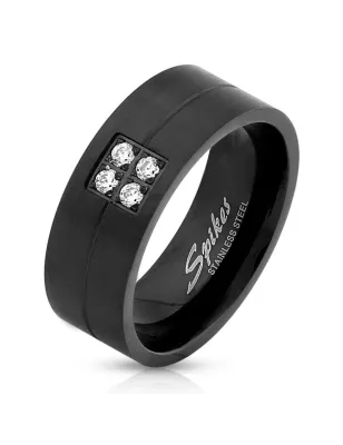 Bague homme acier noir brossé quatre strass