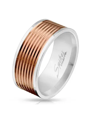 Bague homme acier centre rainuré or rosé