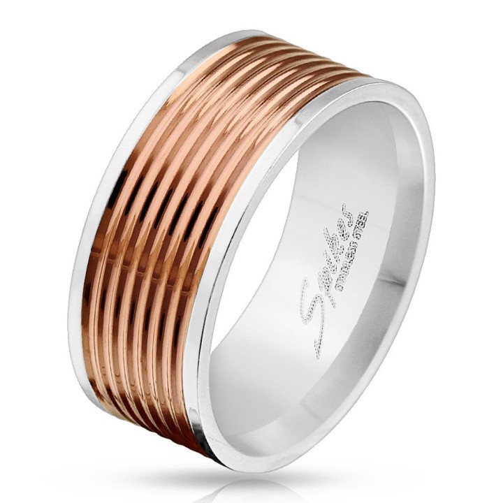 Bague homme acier centre rainuré or rosé