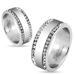 Bague couple en acier deux lignes de strass