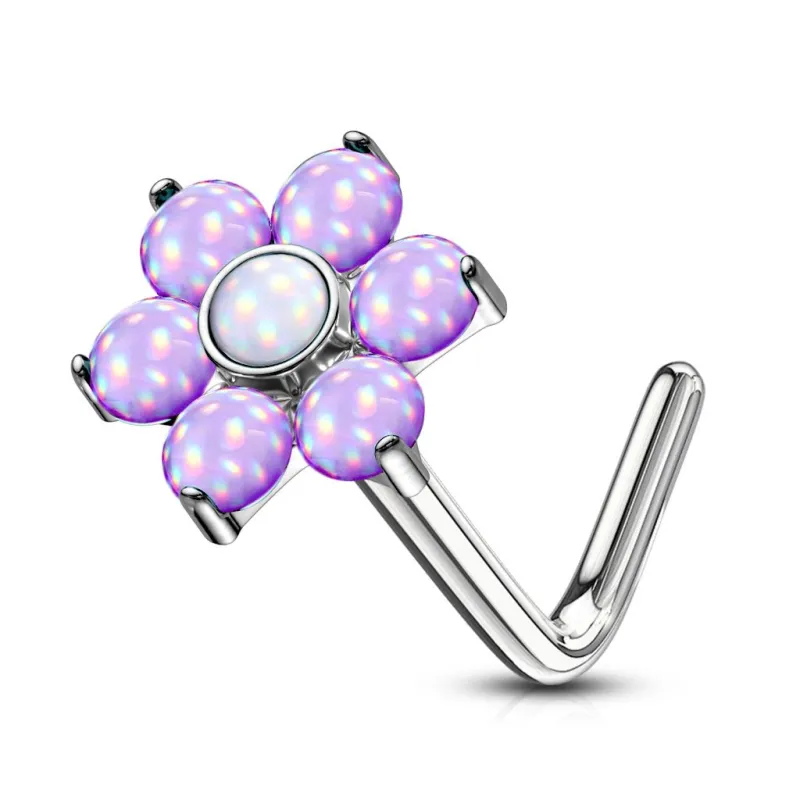 Piercing nez tige en L fleur pierres lumineuses violet