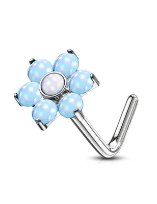Piercing nez tige en L fleur pierres lumineuses bleu