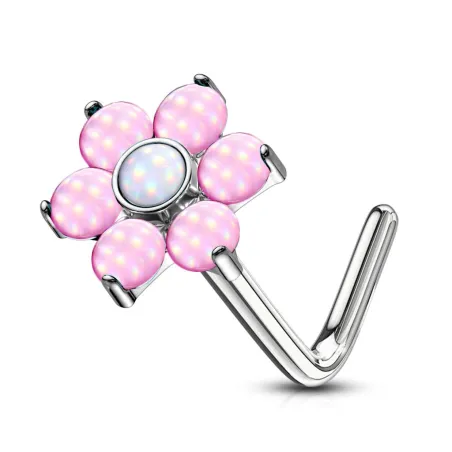 Piercing nez tige en L fleur pierres lumineuses rose