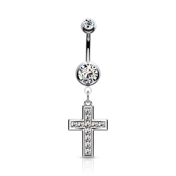 Piercing nombril acier avec pendentif croix