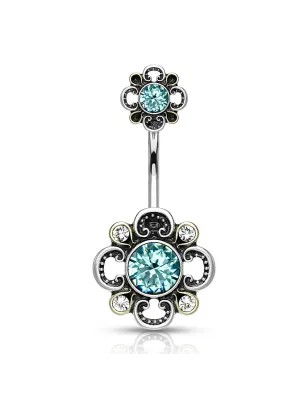 Piercing nombril double fleur filigrane turquoise