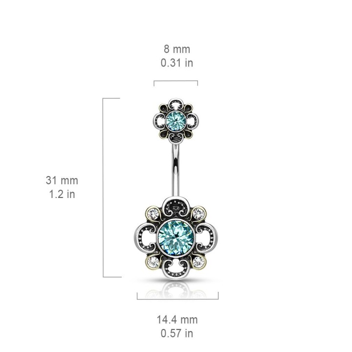 Piercing nombril double fleur filigrane turquoise