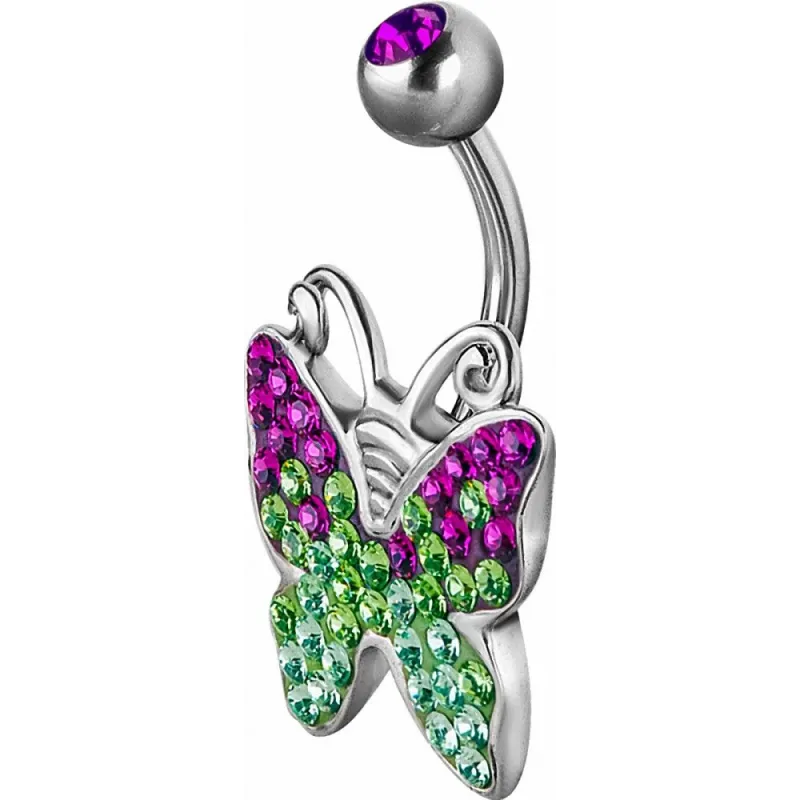 Piercing nombril Crystal Evolution Swarovski Papillon vert fuchsia Titane G23