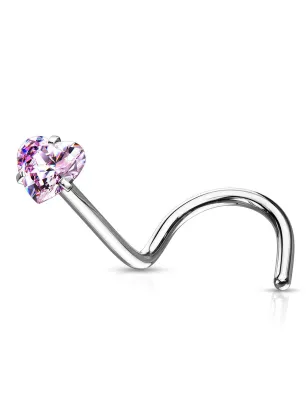 Piercing nez tige tire-bouchon zircon coeur rose