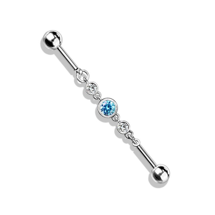 Piercing industriel chaine triple strass turquoise