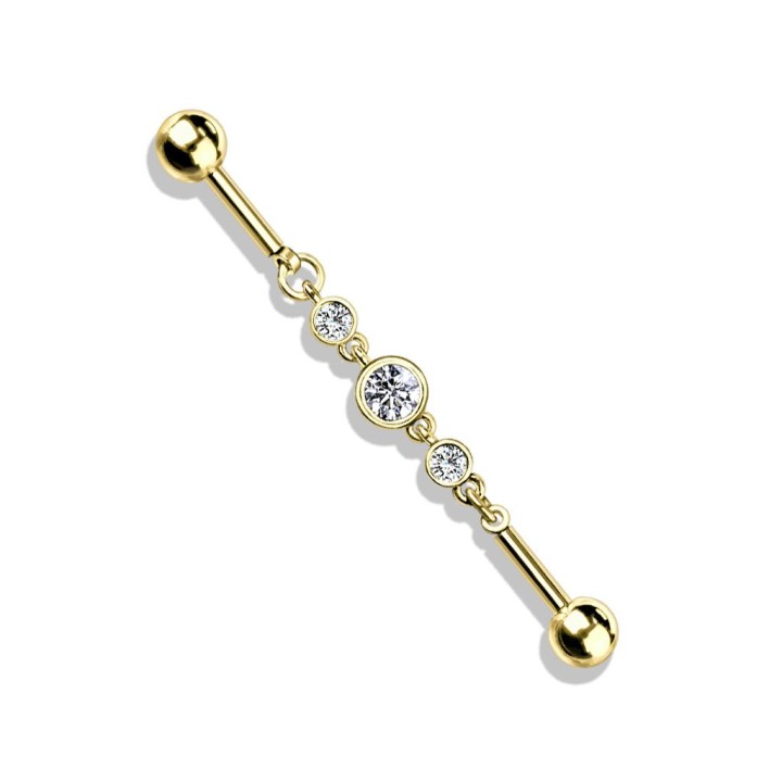 Piercing industriel doré chaine triple strass