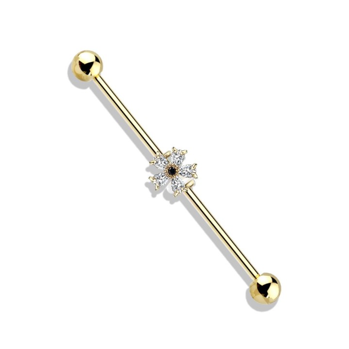 Piercing industriel oreille fleur zircon noir plaqué or