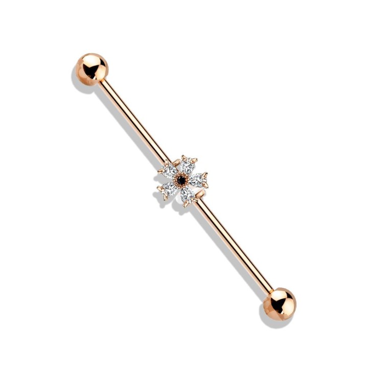 Piercing industriel oreille fleur zircon noir plaqué or rose