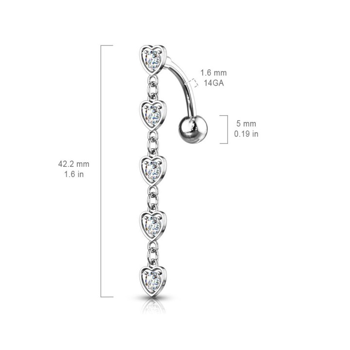 Piercing nombril inversé cinq coeurs avec cristaux