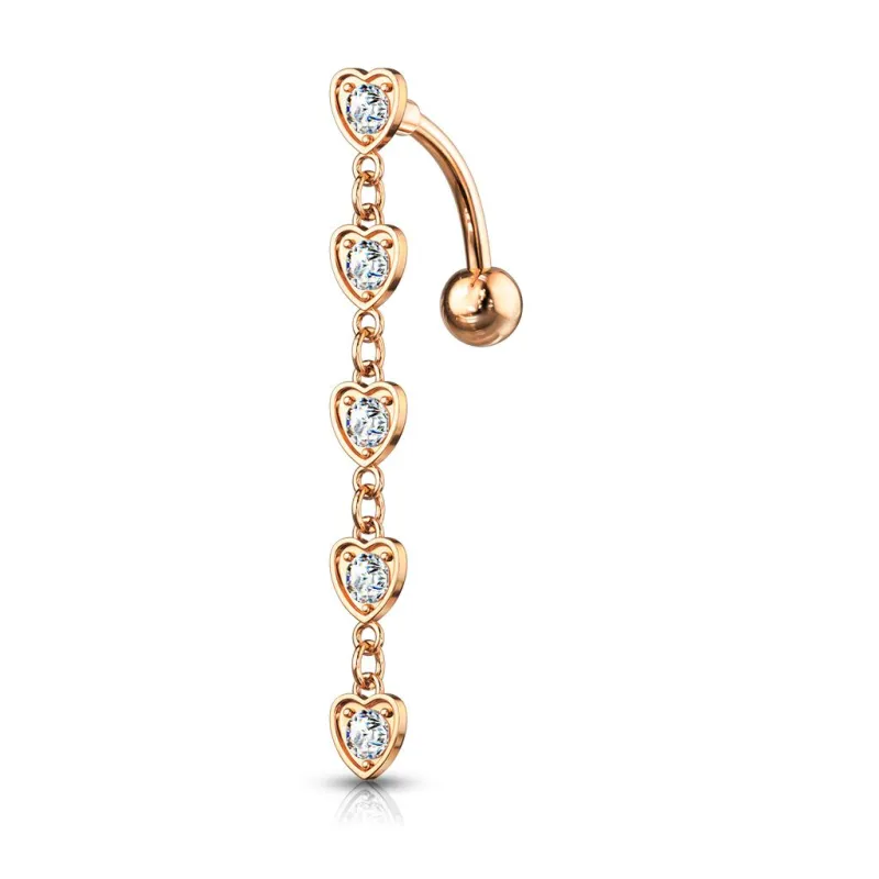 Piercing nombril inversé plaqué or rose cinq coeurs avec cristaux Piercing nombril inversé plaqué or rose cinq coeurs avec cristaux