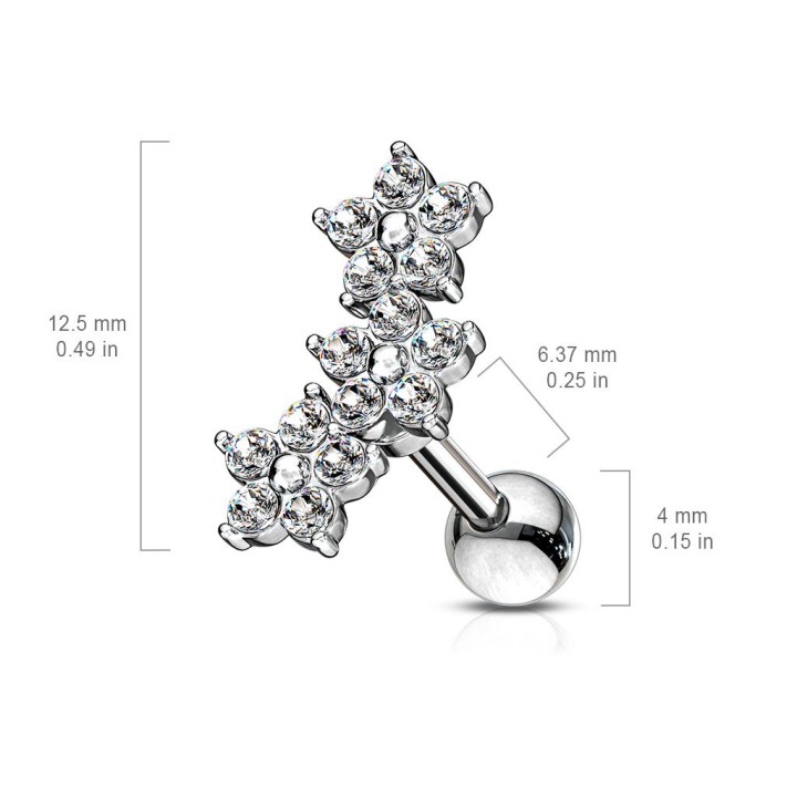 Piercing cartilage hélix triple fleur cristaux blancs
