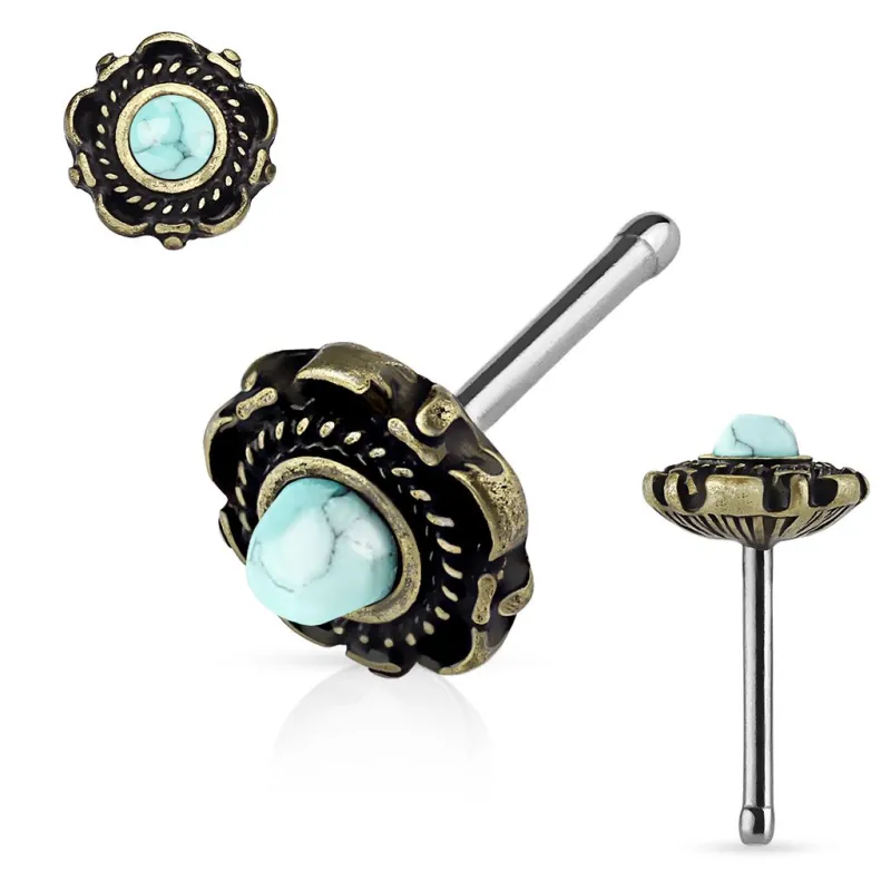 Piercing nez tige droite floral doré turquoise Piercing nez tige droite floral doré turquoise