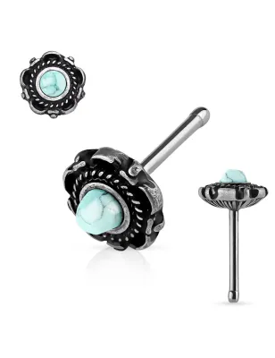 Piercing nez tige droite floral argenté turquoise