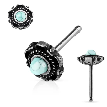 Piercing nez tige droite floral argenté turquoise