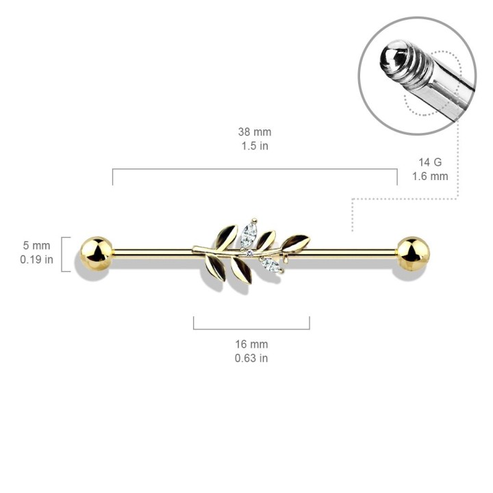 Piercing industriel oreille feuille strass plaqué or