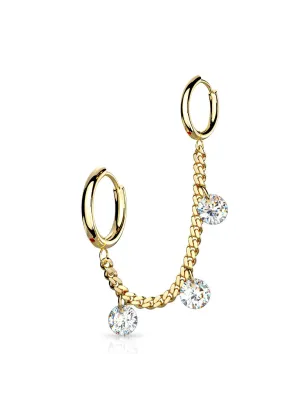 Double piercing oreille chaine strass anneaux doré