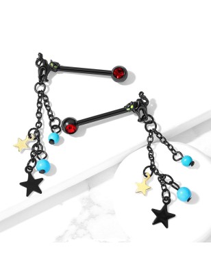 Paire de piercing téton acier noir chats étoiles