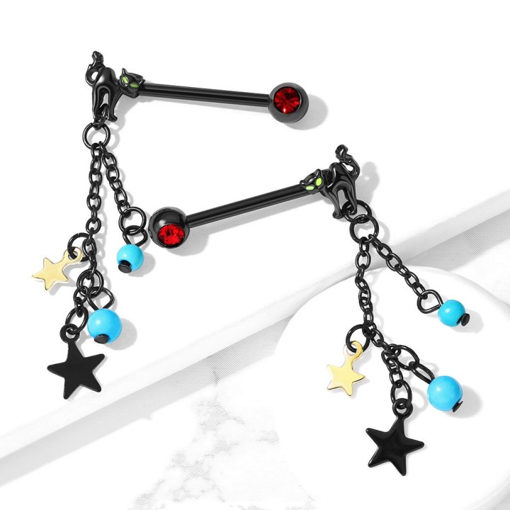 Paire de piercing téton acier noir chats étoiles