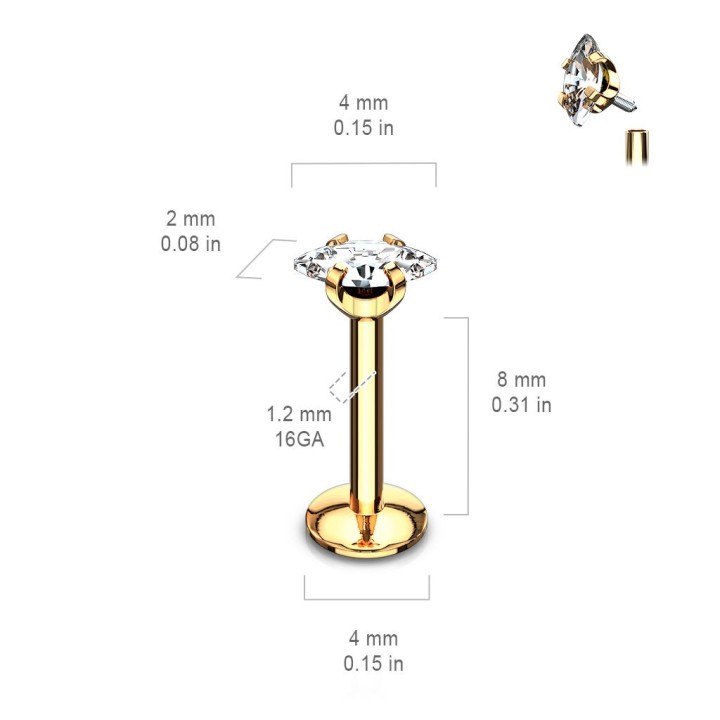Piercing labret doré vissage interne strass ovale