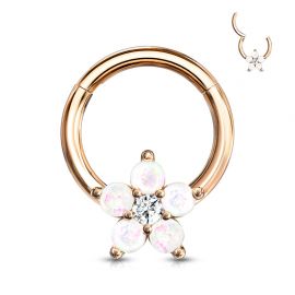 Piercing anneau acier rosé fleur opalescente