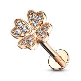 Piercing labret oreille trèfle quatre feuilles plaqué or rose