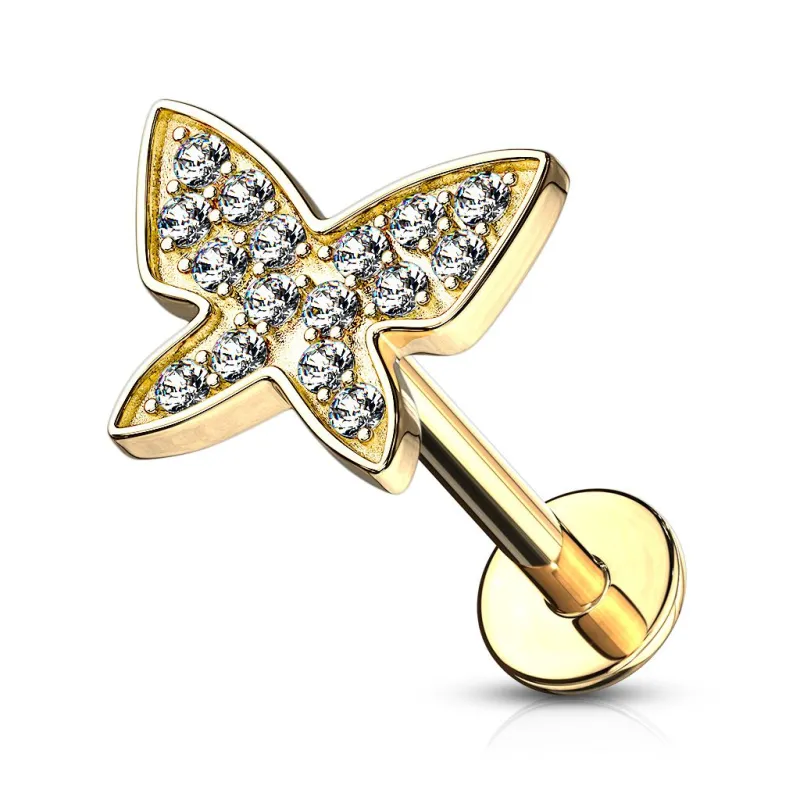 Piercing labret oreille plaqué or papillon strass